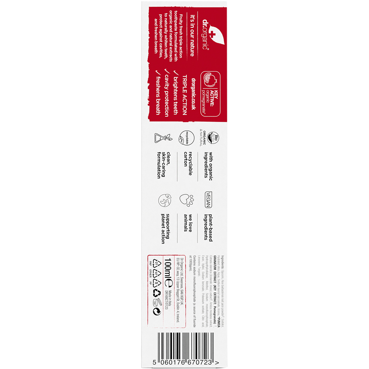 Dr Organic Toothpaste Whitening Organic Pomegranate 100ml carton back