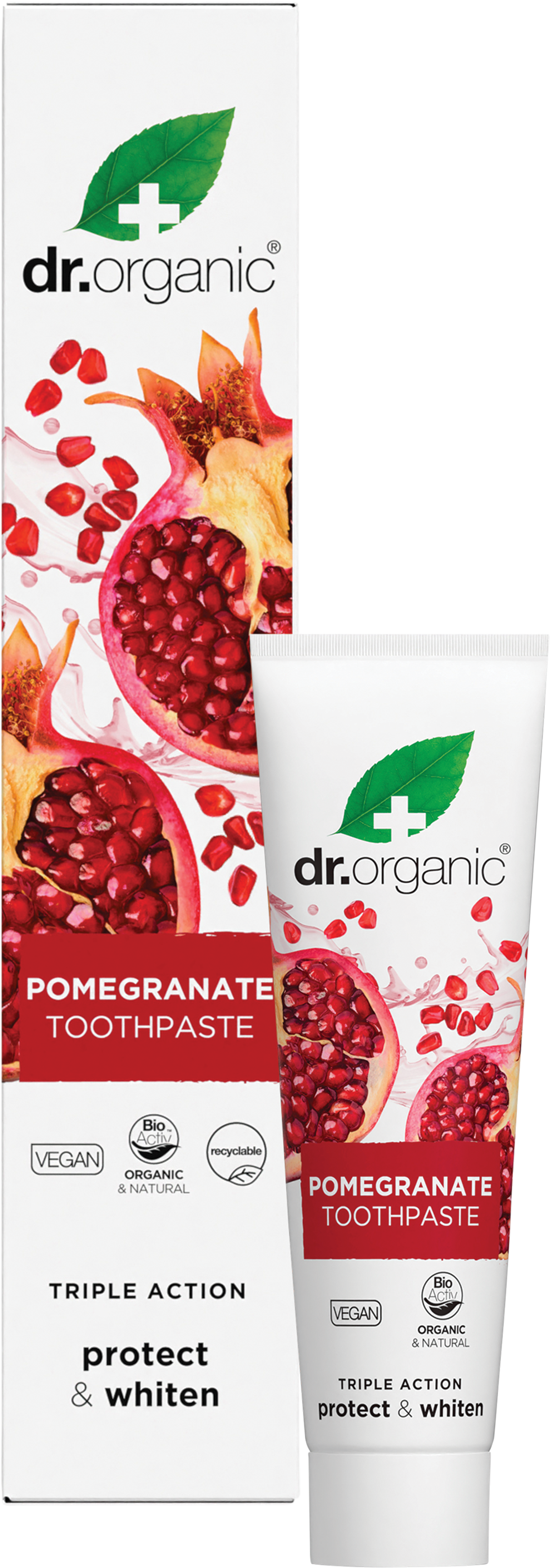 Dr Organic Toothpaste Whitening Organic Pomegranate 100ml product and carton