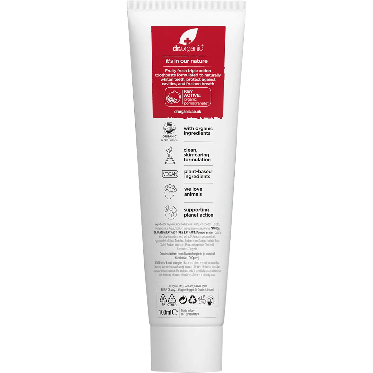Dr Organic Organic & Natural Toothpaste Whitening Organic Pomegranate 100ml Back