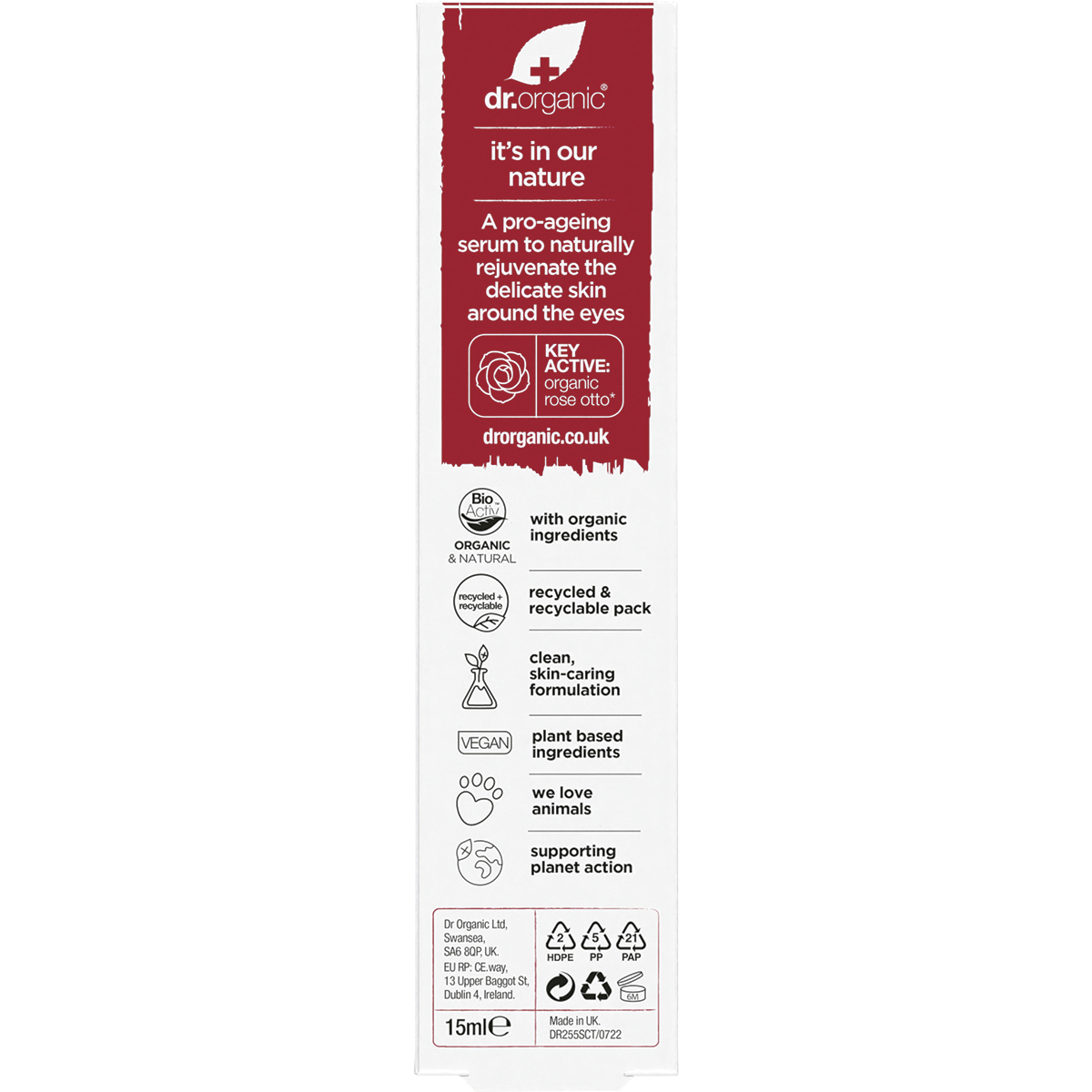 Dr Organic Certified Organic Eye Serum Rose Otto 15ml box back view