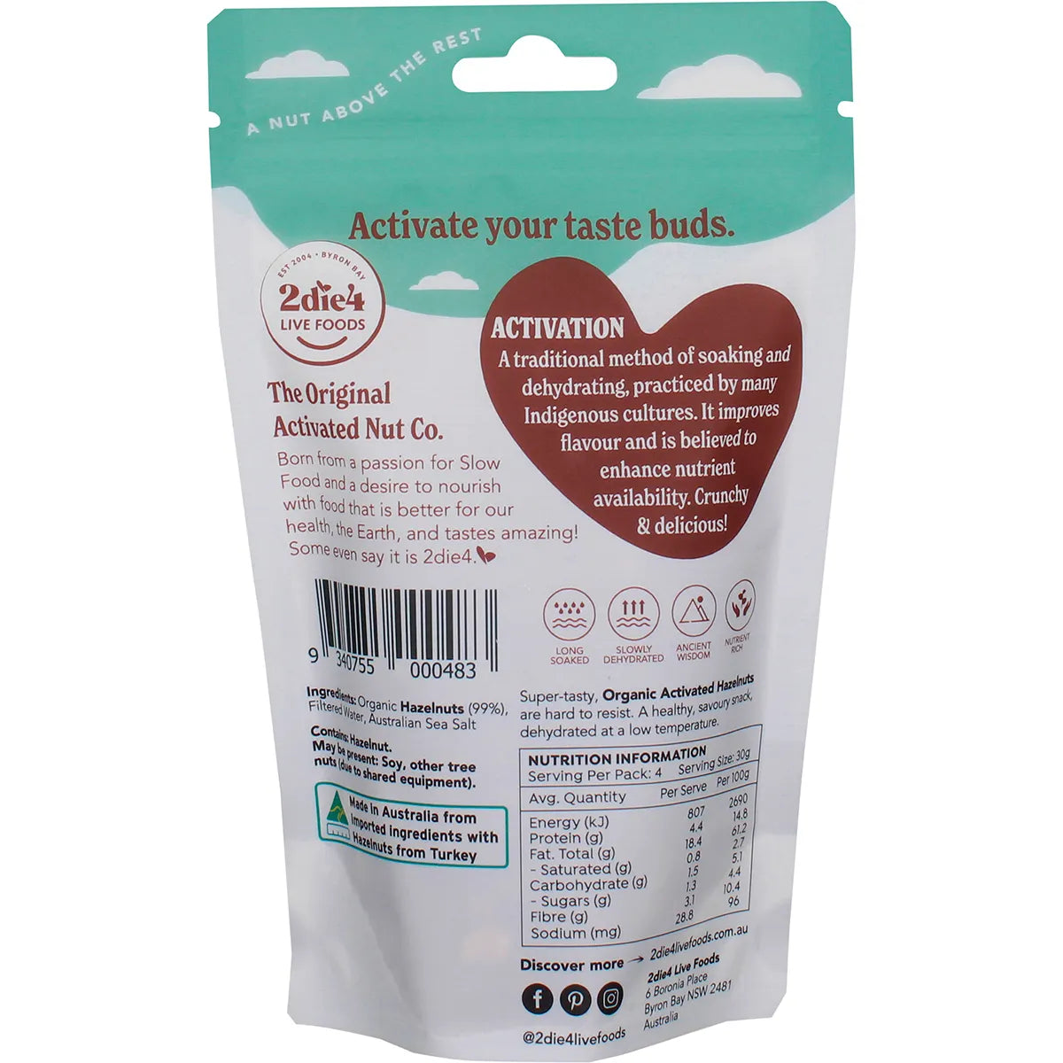 2Die4 Live Foods Activated Organic Hazelnuts 120g