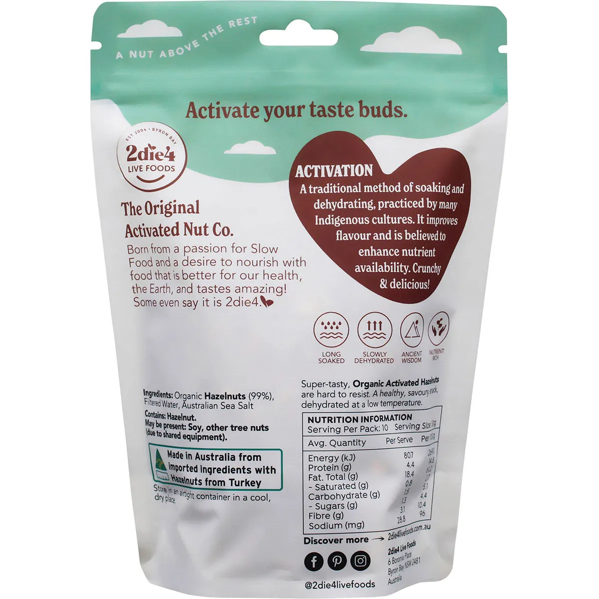 2Die4 Live Foods Activated Organic Hazelnuts 300g