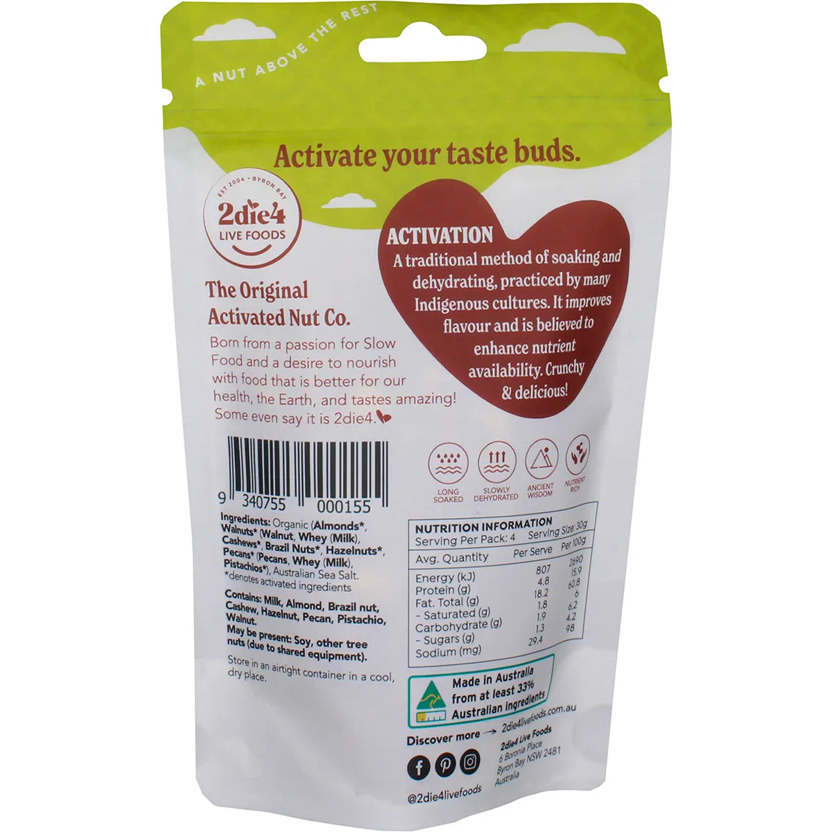 2Die4 Live Foods Organic Activated Mixed Nuts With Fresh Whey 120g