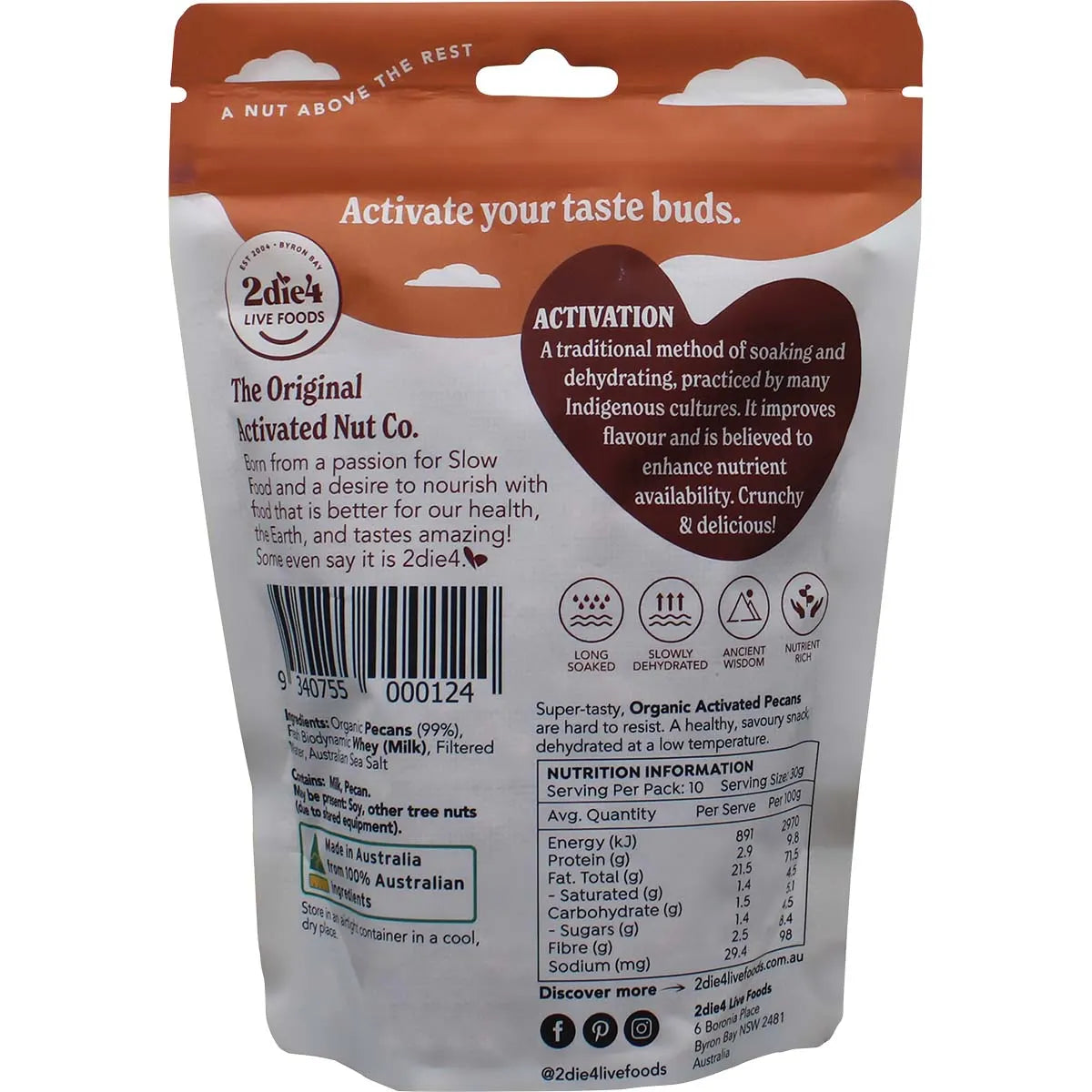 2Die4 Live Foods Organic Activated Pecans With Fresh Whey 300g