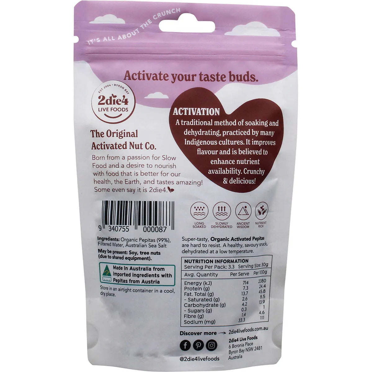 2Die4 Live Foods Organic Activated Pepitas 100g