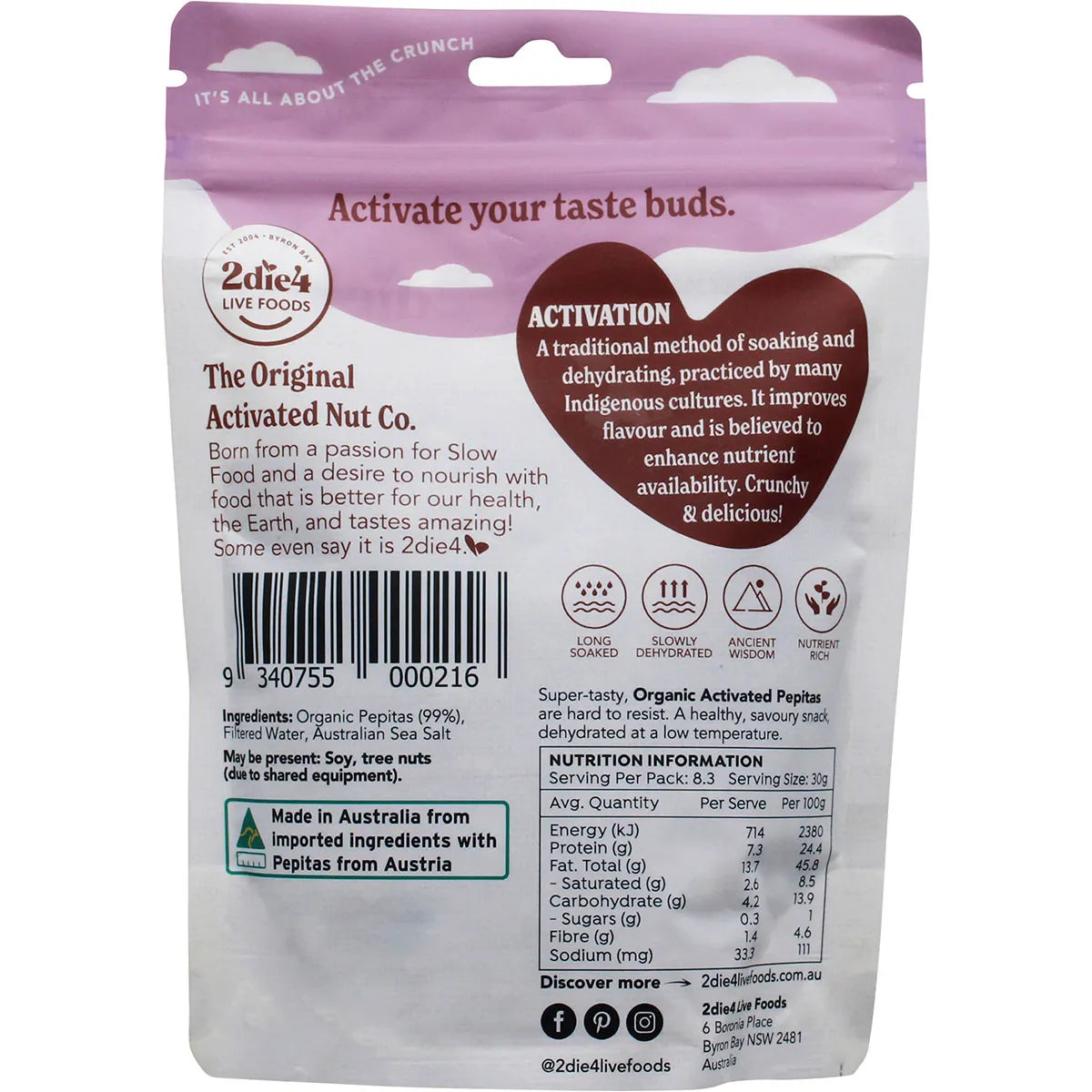 2Die4 Live Foods Organic Activated Pepitas 250g