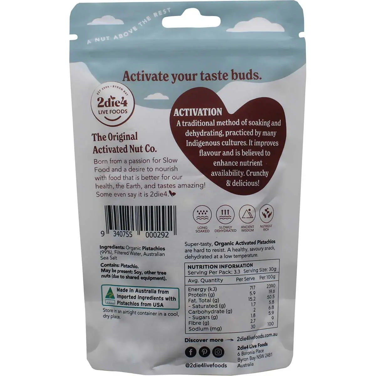 2Die4 Live Foods Organic Activated Pistachios 100g