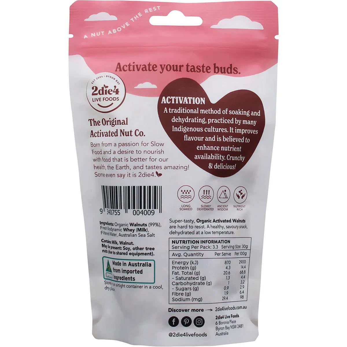 2Die4 Live Foods Organic Activated Walnuts With Fresh Whey 100g