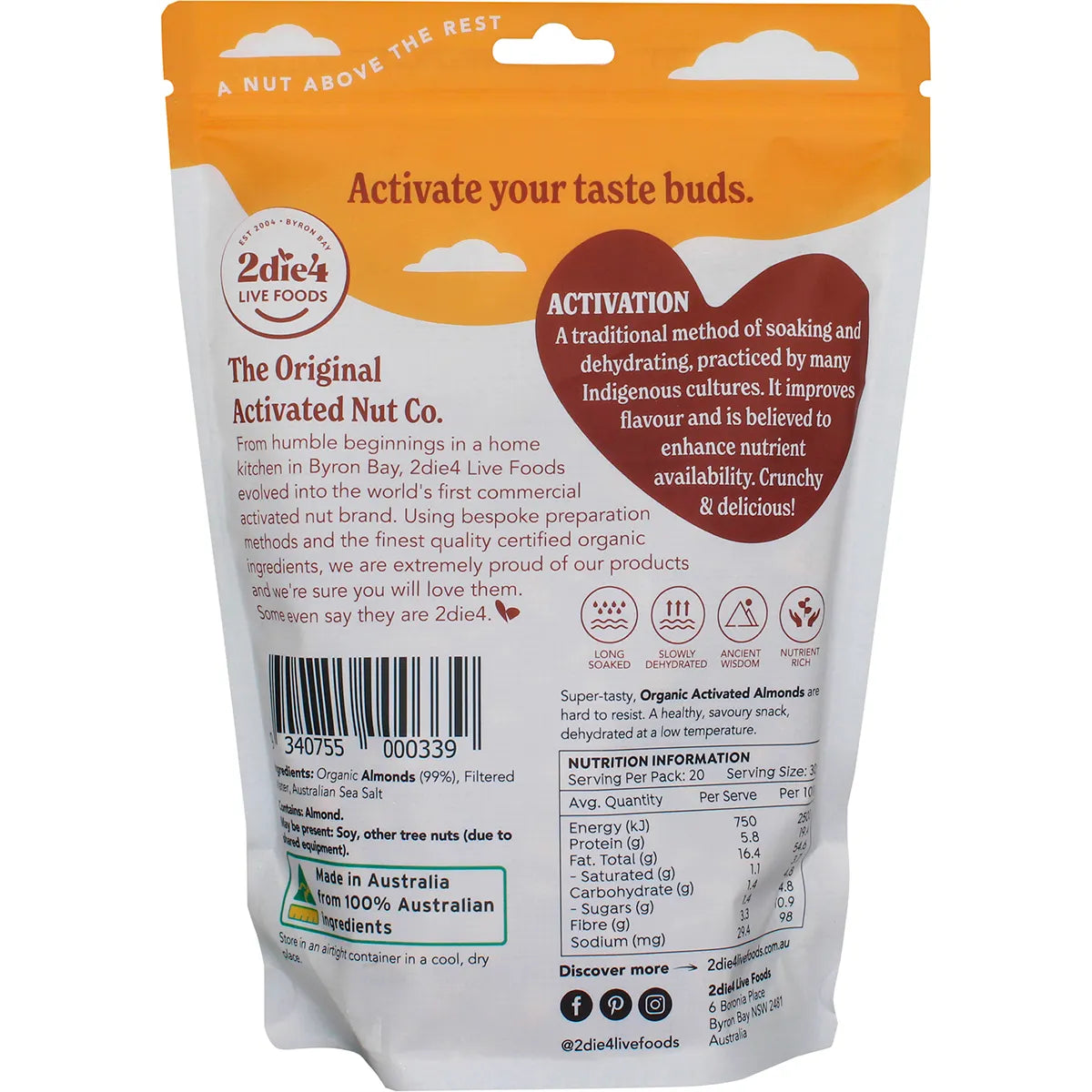 2Die4 Live Foods Activated Organic Almonds 600g