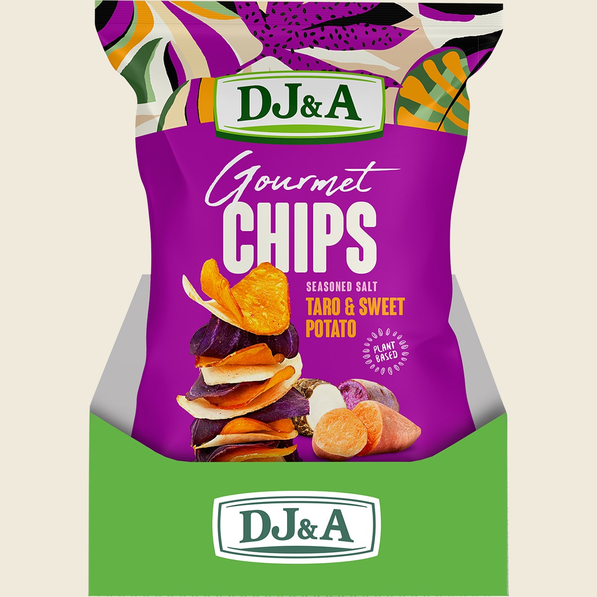 DJ&A Gourmet Chips Taro & Sweet Potato Seasoned Salt 5x100g display