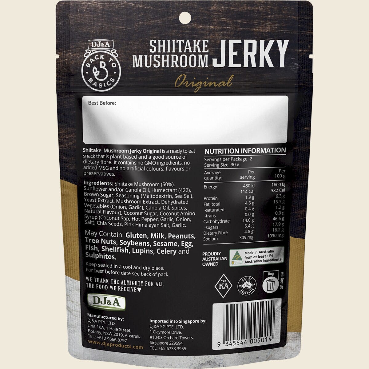 DJ&A Shiitake Mushroom Jerky Original 12x60g back