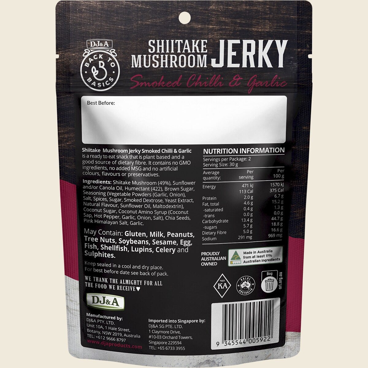 DJ&A Shiitake Mushroom Jerky Smoked Chilli & Garlic 12x60g back
