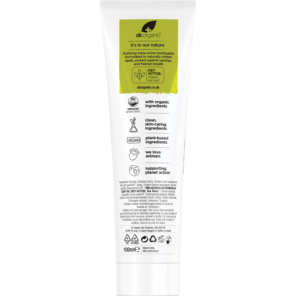Dr Organic Toothpaste Tea Tree 100ml back