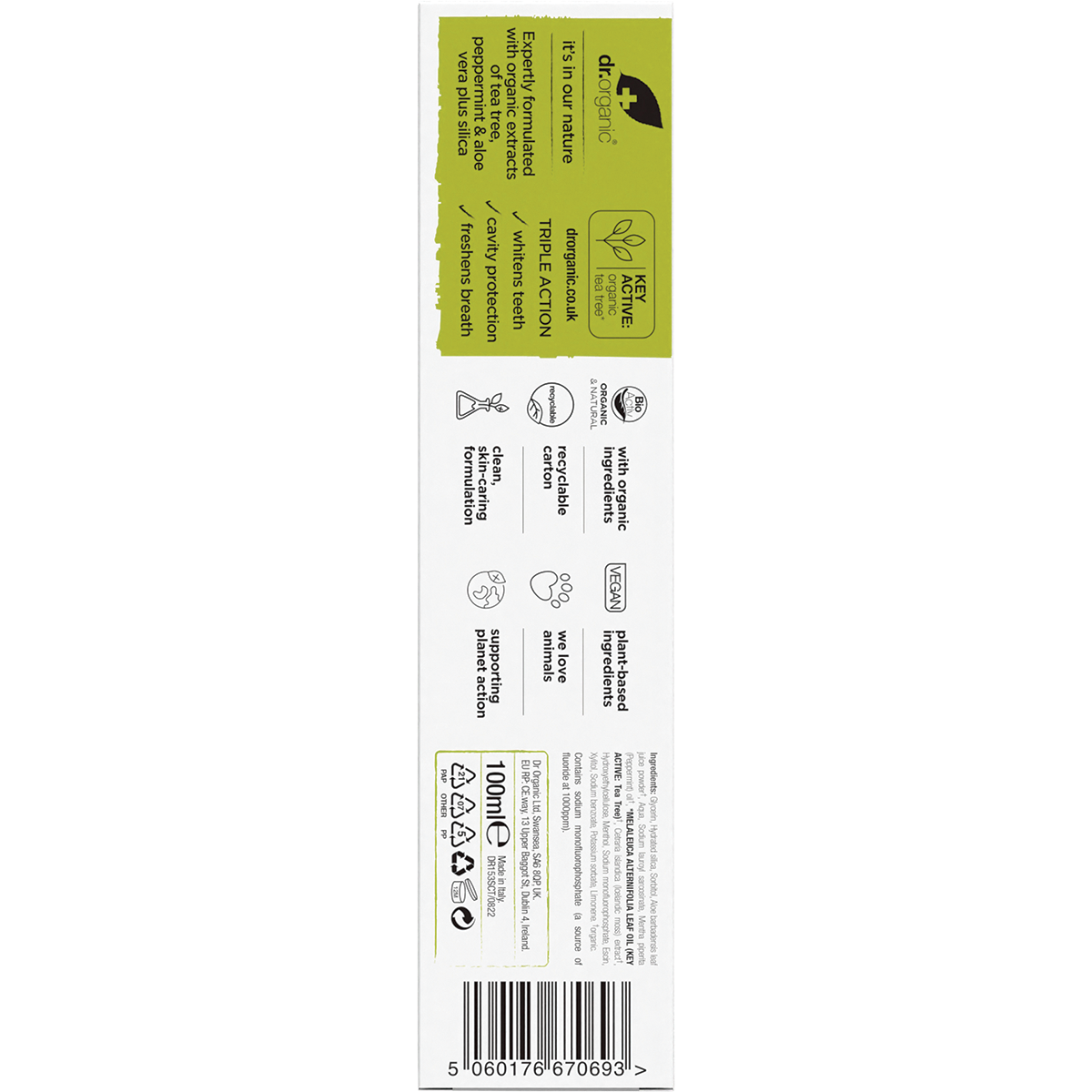 Dr Organic Toothpaste Tea Tree 100ml carton back