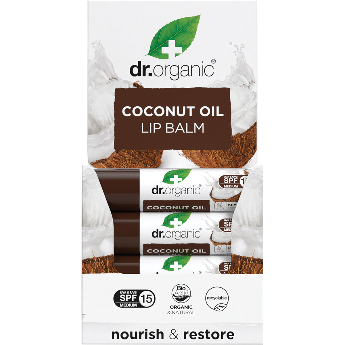 Dr Organic Lip Balm SPF 15 Coconut Oil 5.7ml display