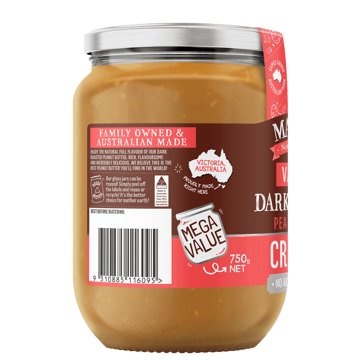 Mayver's Peanut Butter Dark Roast Crunchy 750g x6