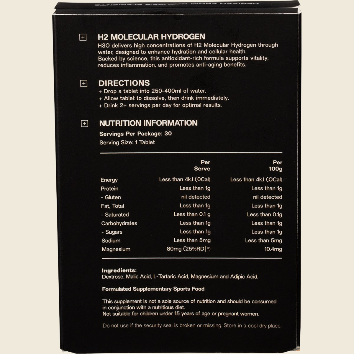 ELMNT H2 Molecular Hydrogen Water Tablets Natural 30 Tabs Back