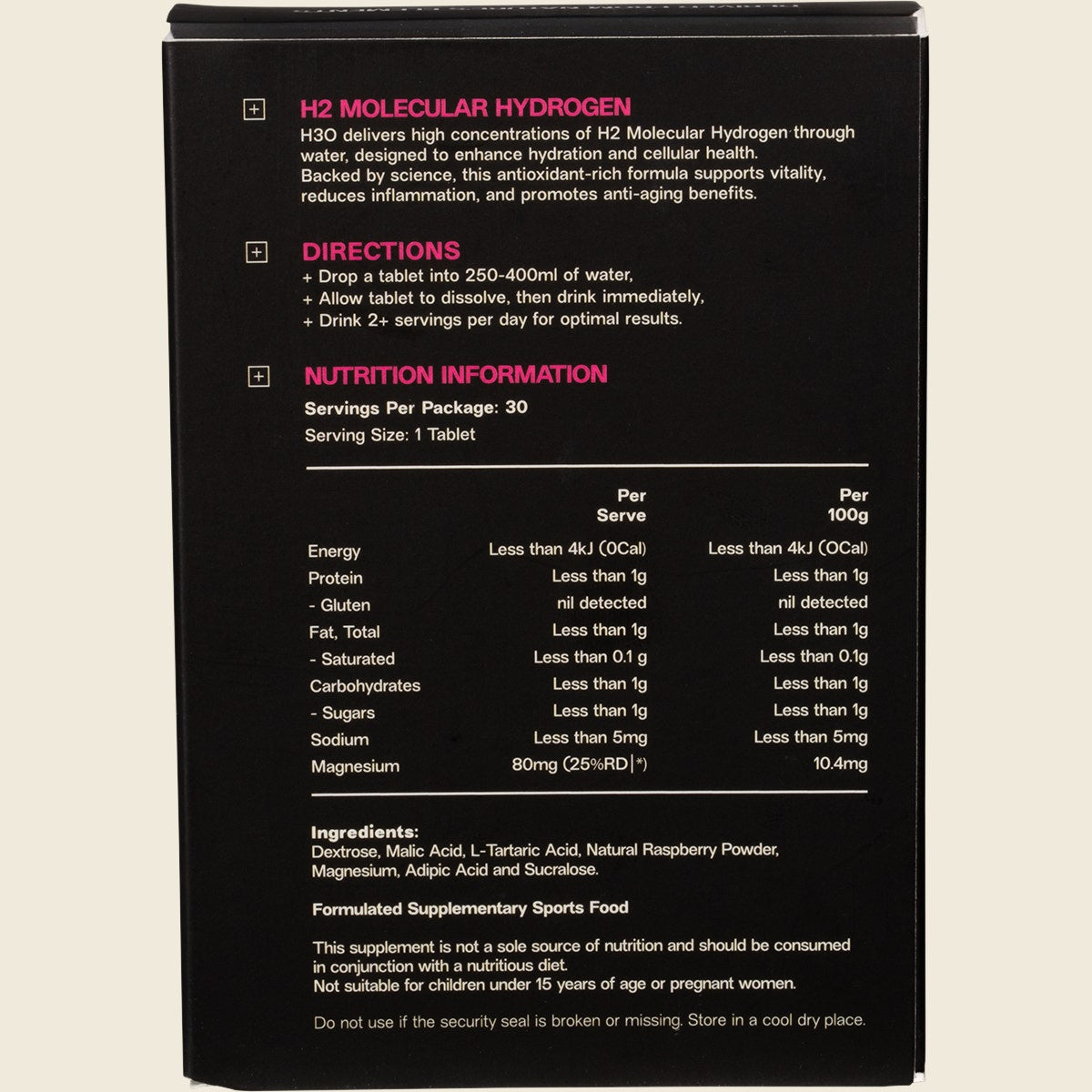 ELMNT H2 Molecular Hydrogen Water Tablets Berry 30 Tabs Back