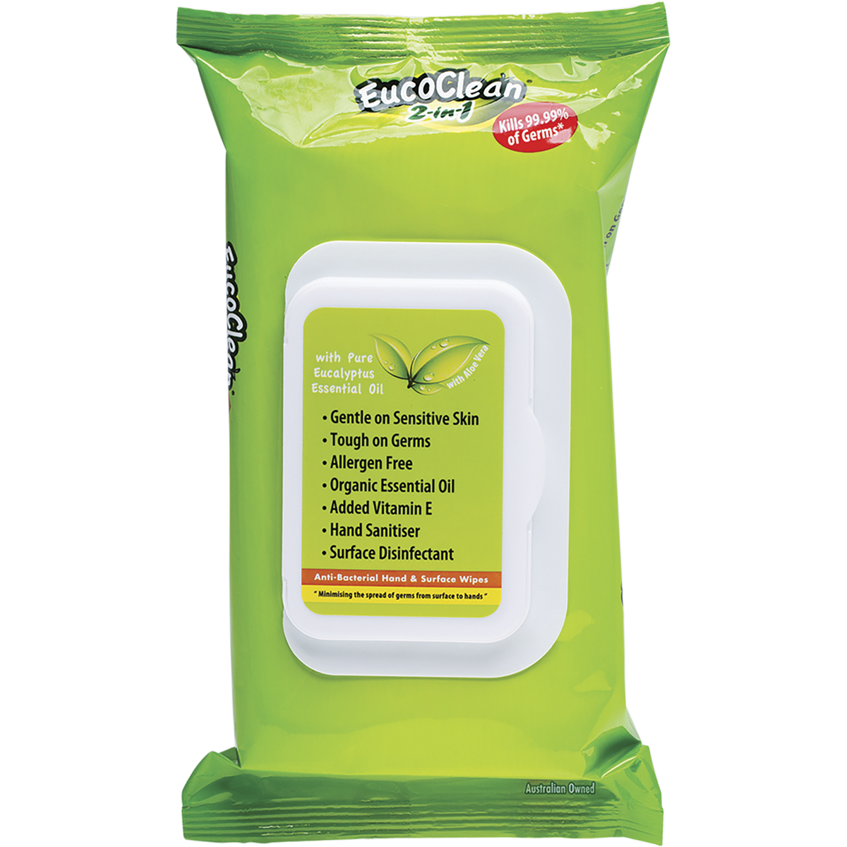 Eucoclean 2-in-1 Anti-Bacterial Hand & Surface Wipes - 60 pack front view