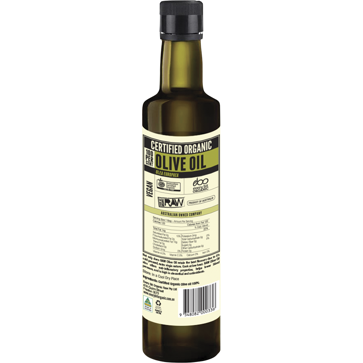 Every Bit Organic Certified Organic Raw Olive Oil 500ml back view