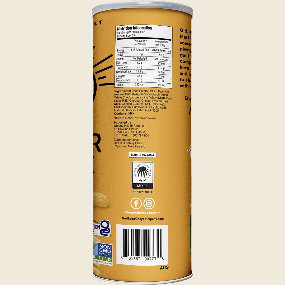 The Good Crisp Company Potato Crisps Cheddar Cheese 160g Pack of 8 Back