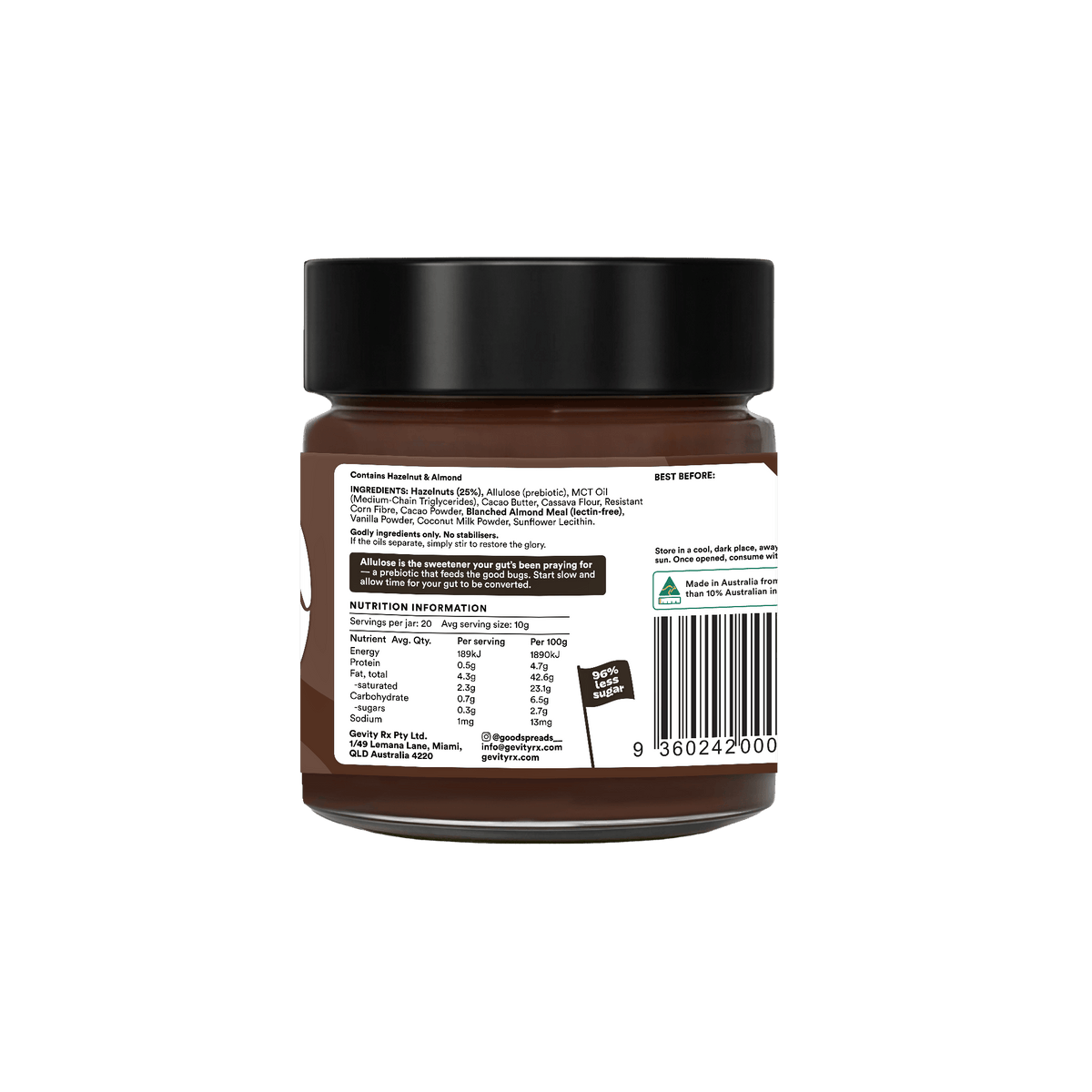Gevity Rx Goodtello Hazelnut Spread 200g nutrition information panel