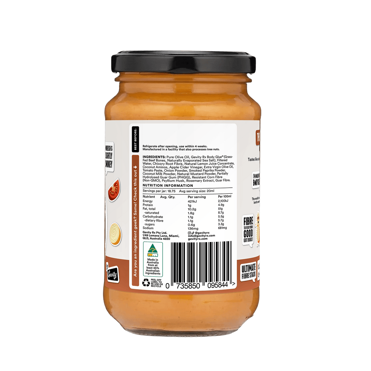 Gevity Rx Smokey BBQ Great Guts Mayo 375ml nutrition information panel