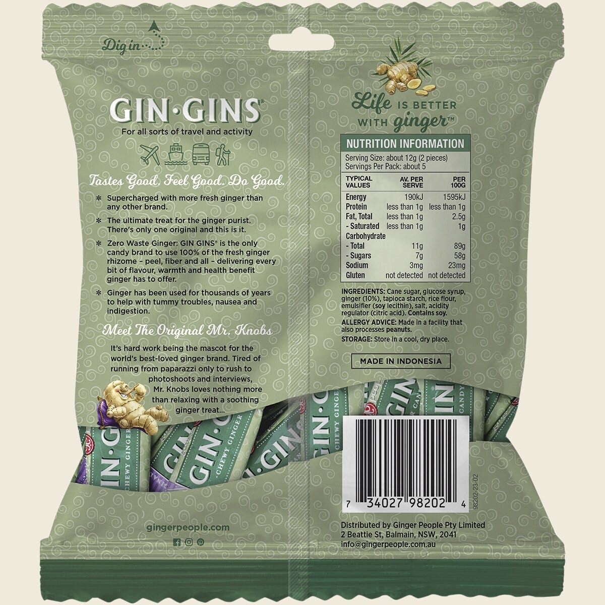 The Ginger People Gin Gins Ginger Candy Bag Chewy Original 12 x 60g Back
