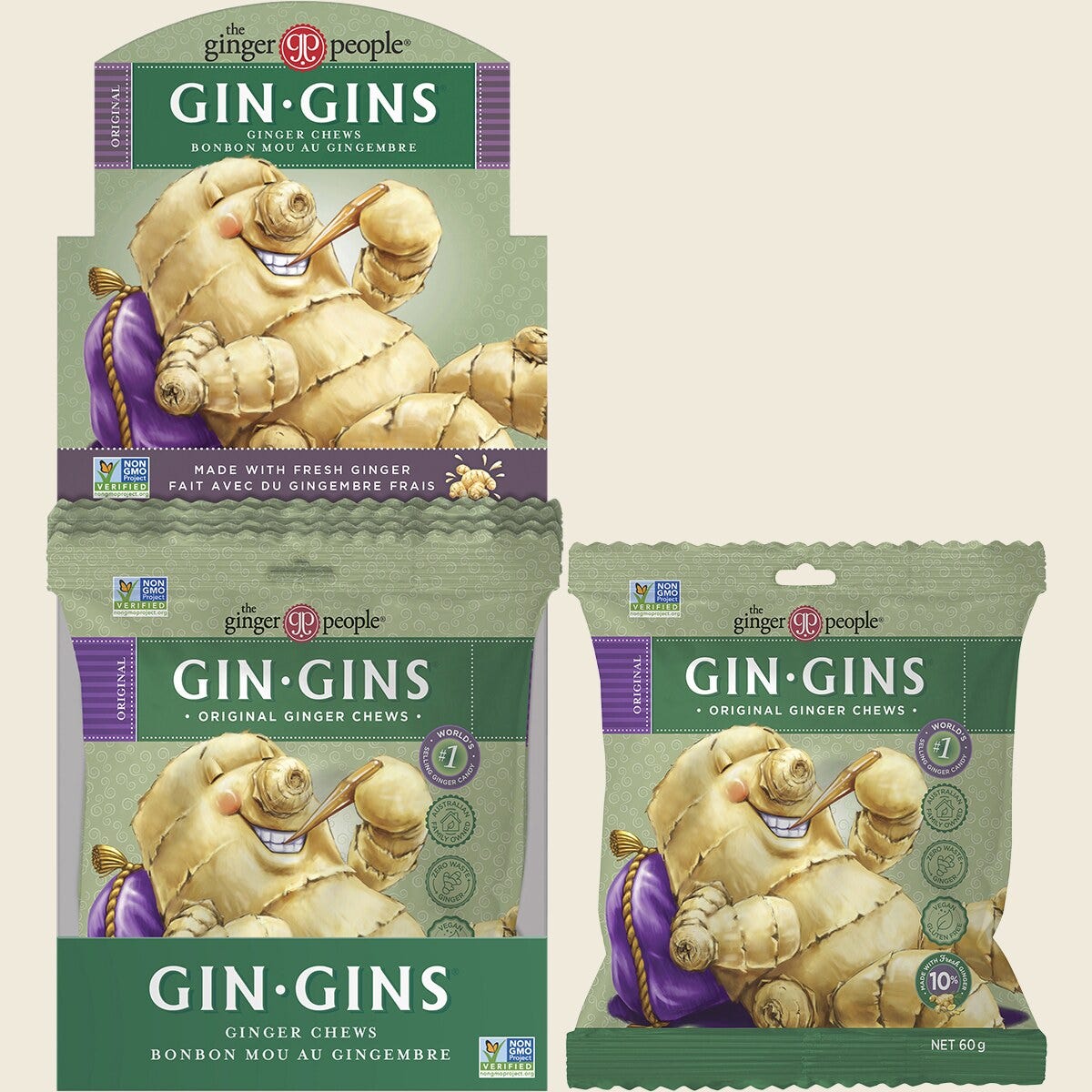 The Ginger People Gin Gins Ginger Candy Bag Chewy Original 12 x 60g Combo