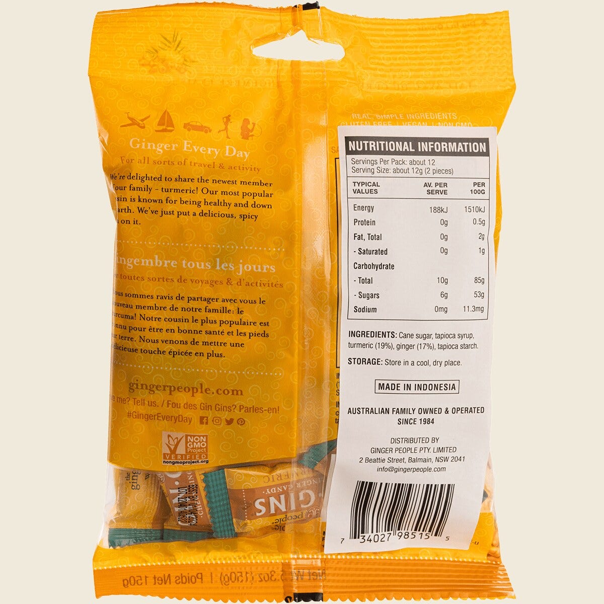 The Ginger People Gin Gins Ginger Candy Chewy Spicy Turmeric 12 x 150g Back