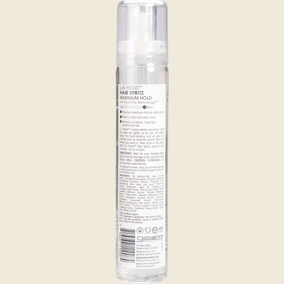 Giovanni L.A. Hold Hair Spritz - Maximum Hold 147ml (Non Aerosol) – back packaging