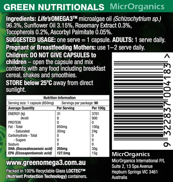 Green Nutritionals Pure Plant-source Green Omega 3 90 Vegan Capsules