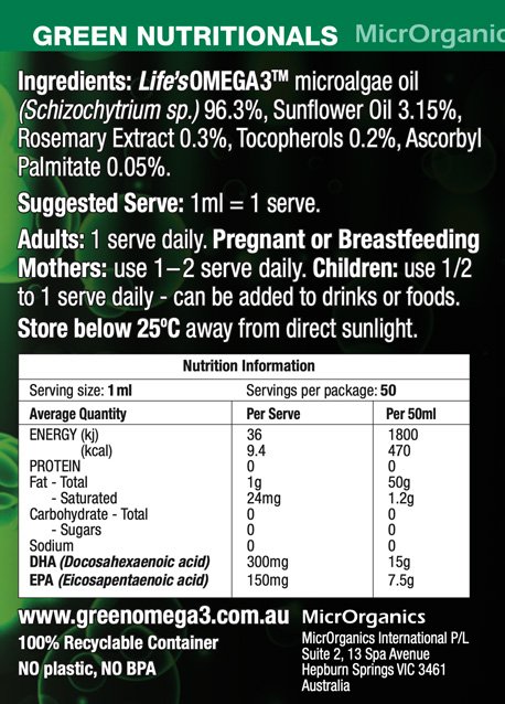Green Nutritionals Pure Plant-source Green Omega 3 Oil 50ml