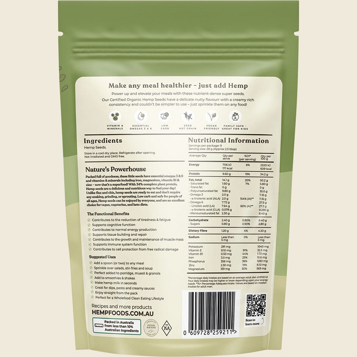 Hemp Foods Australia Certified Organic Hemp Seeds Hulled 250g back