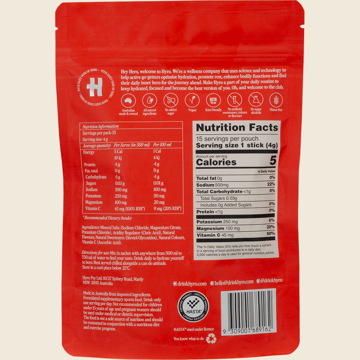 Hyro Electrolyte Sachets Mixed Bag Hasta 4g 15-pack Back