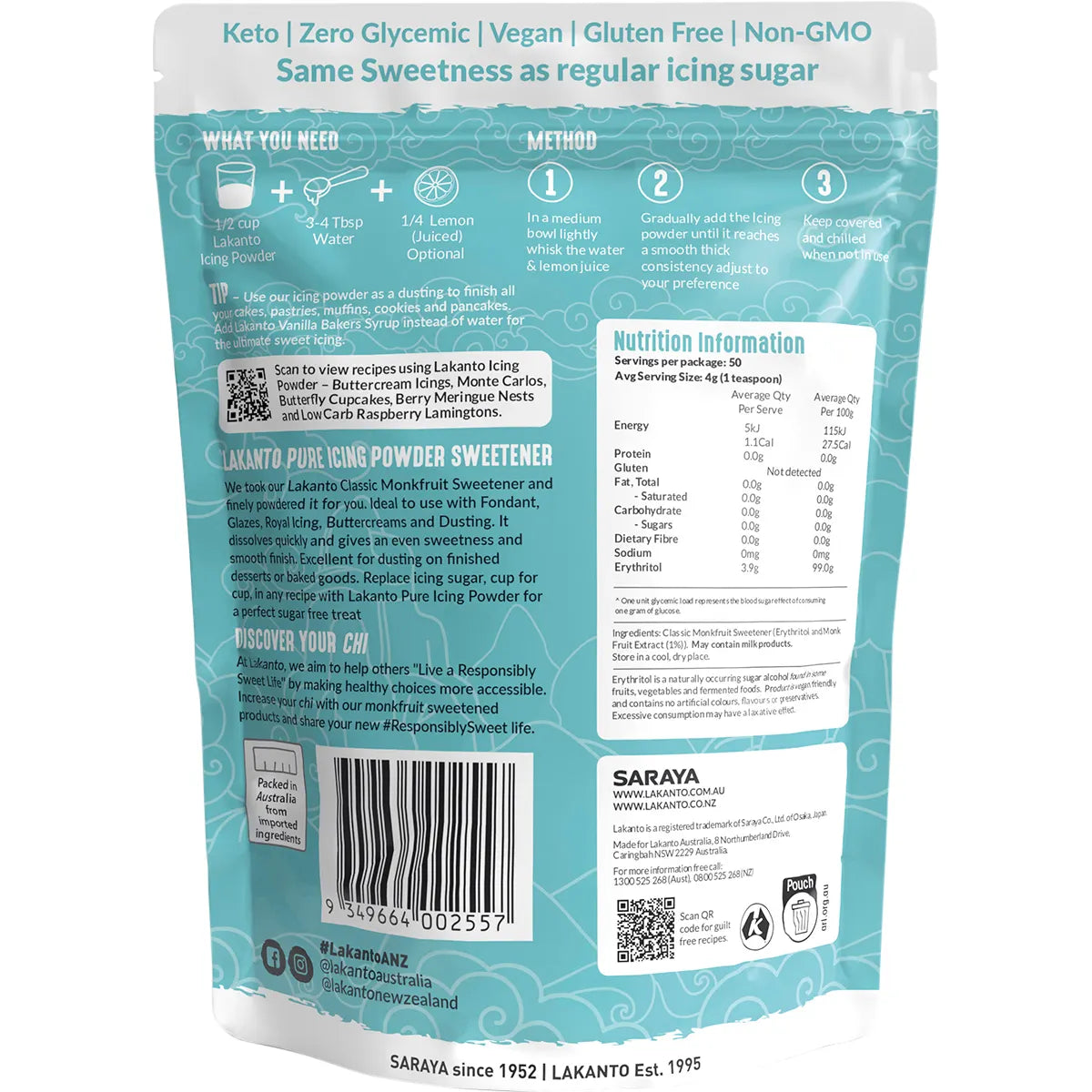 Lakanto Icing Powder - Monkfruit Sweetener Icing Sugar Replacement 200g