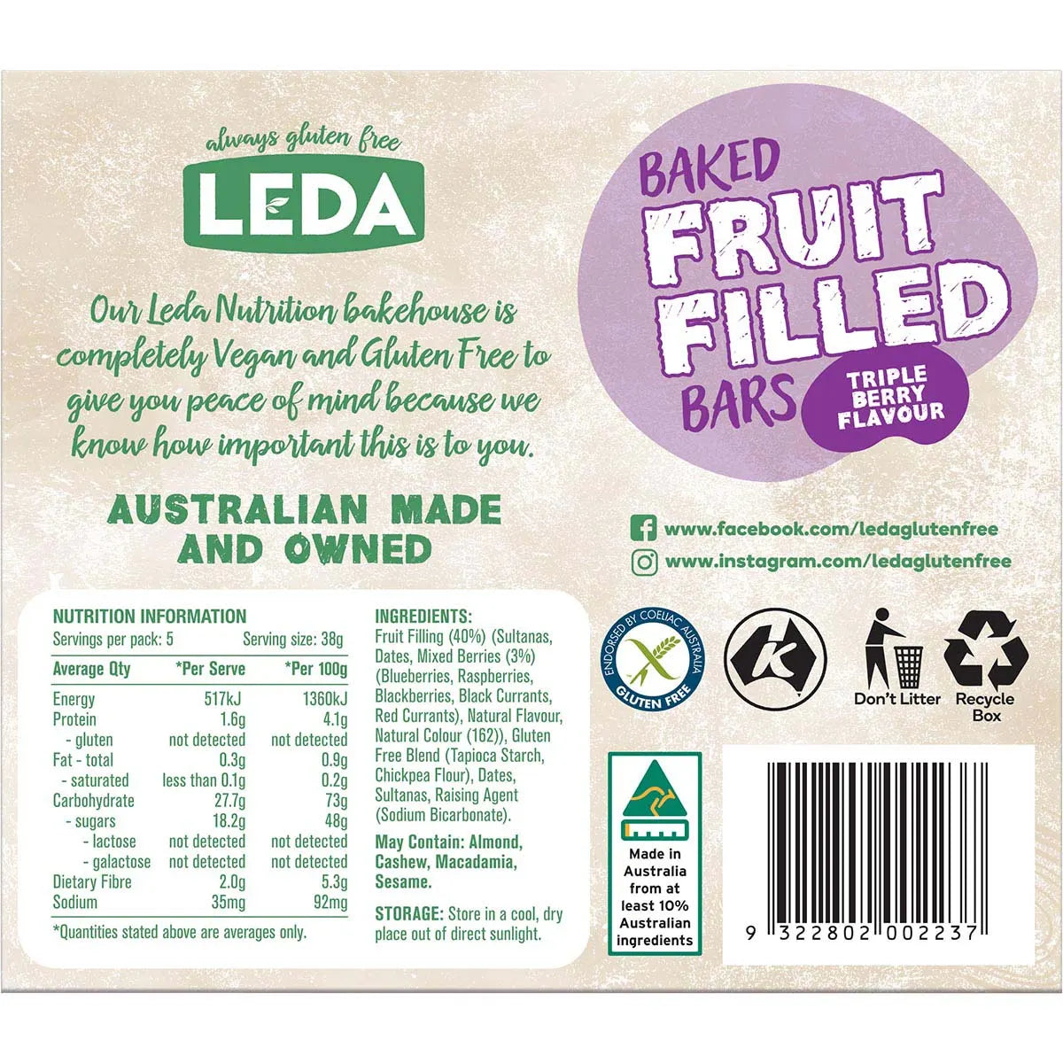 Leda Baked Fruit Filled Bars Triple Berry Multipack 5 Bars 190g x 6