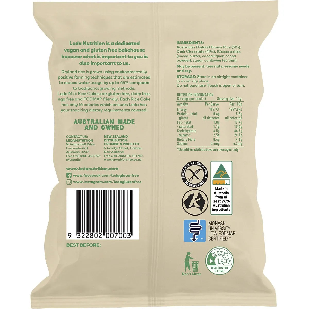 Leda Mini Rice Cakes Dark Chocolate 60g x 6