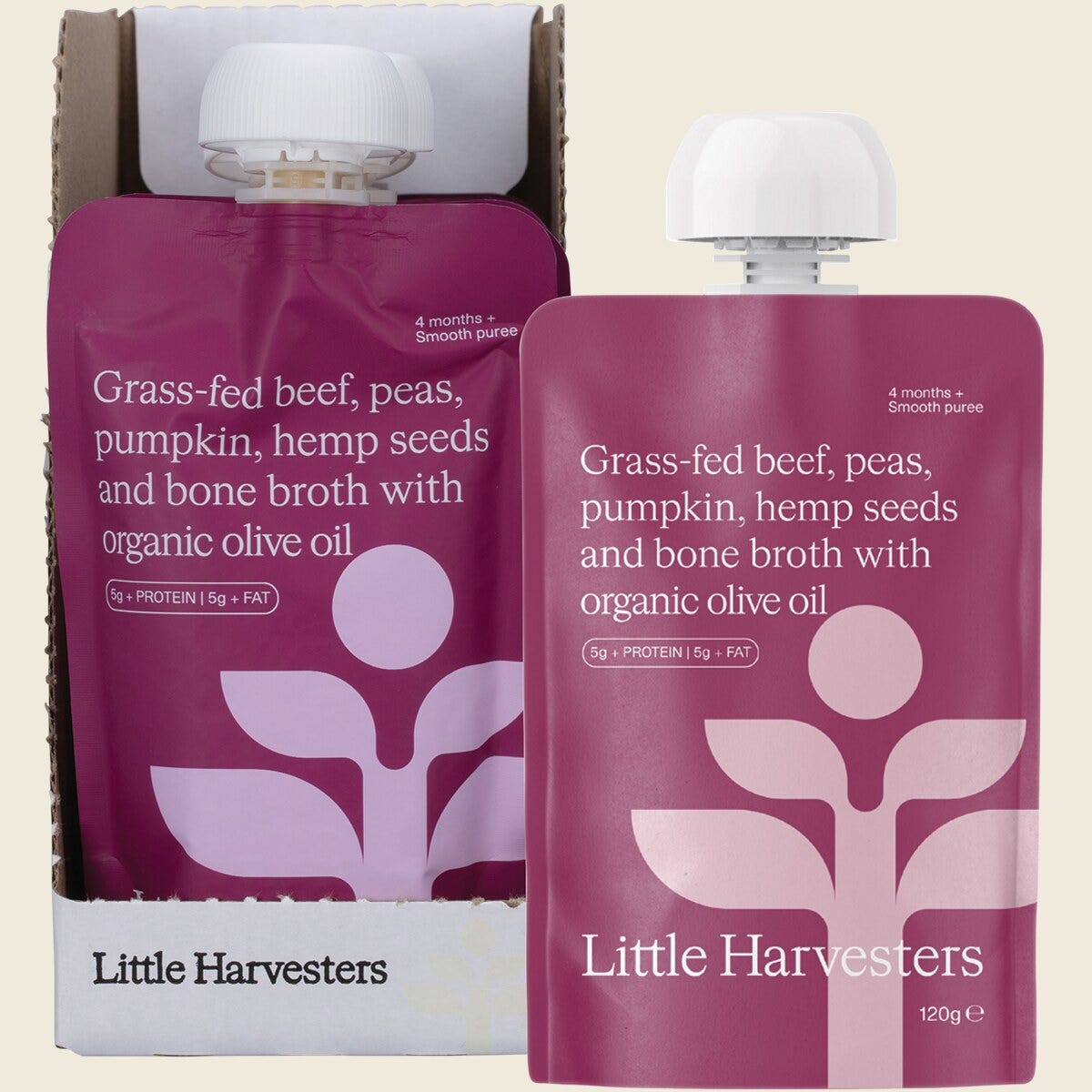 Little Harvesters Grass-Fed Beef, Peas, Pumpkin,Hemp Seeds & Bone Broth 120g Pack of 6 Combo