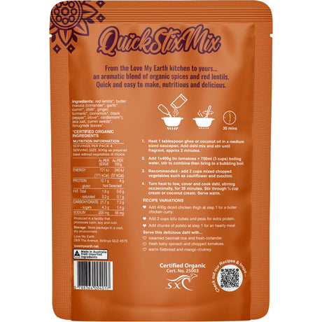 Love My Earth Quick Stix Mix Organic Dahl Butter Masala 200g