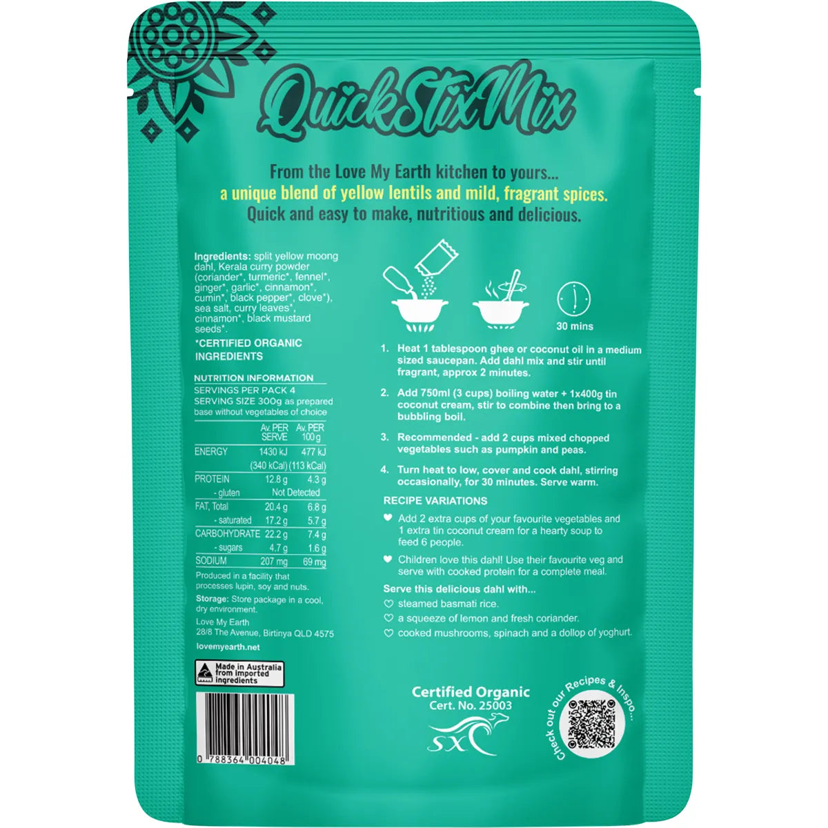 Love My Earth Quick Stix Mix Organic Dahl Creamy Coconut 200g