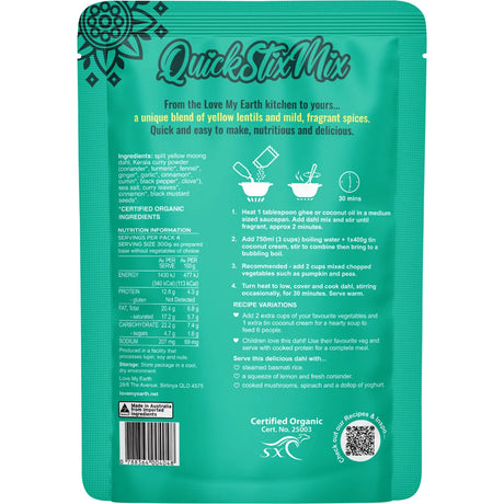 Love My Earth Quick Stix Mix Organic Dahl Creamy Coconut 200g