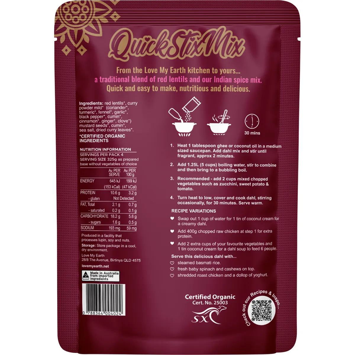Love My Earth Quick Stix Mix Organic Dahl Indian Masala 200g