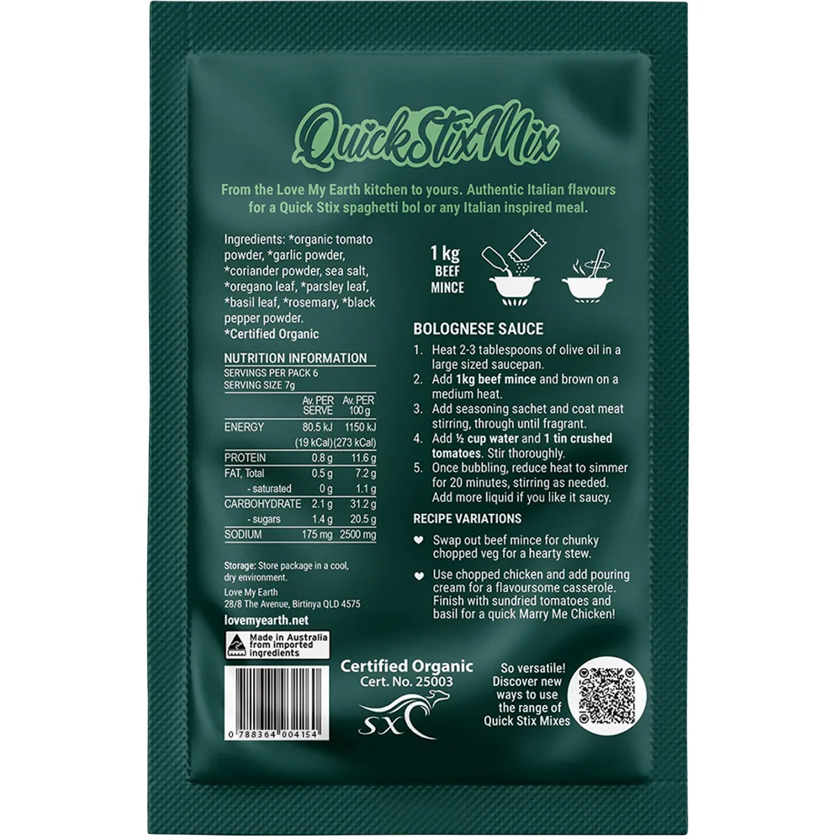 Love My Earth Quick Stix Mix Organic Recipe Base Bolognese 45g