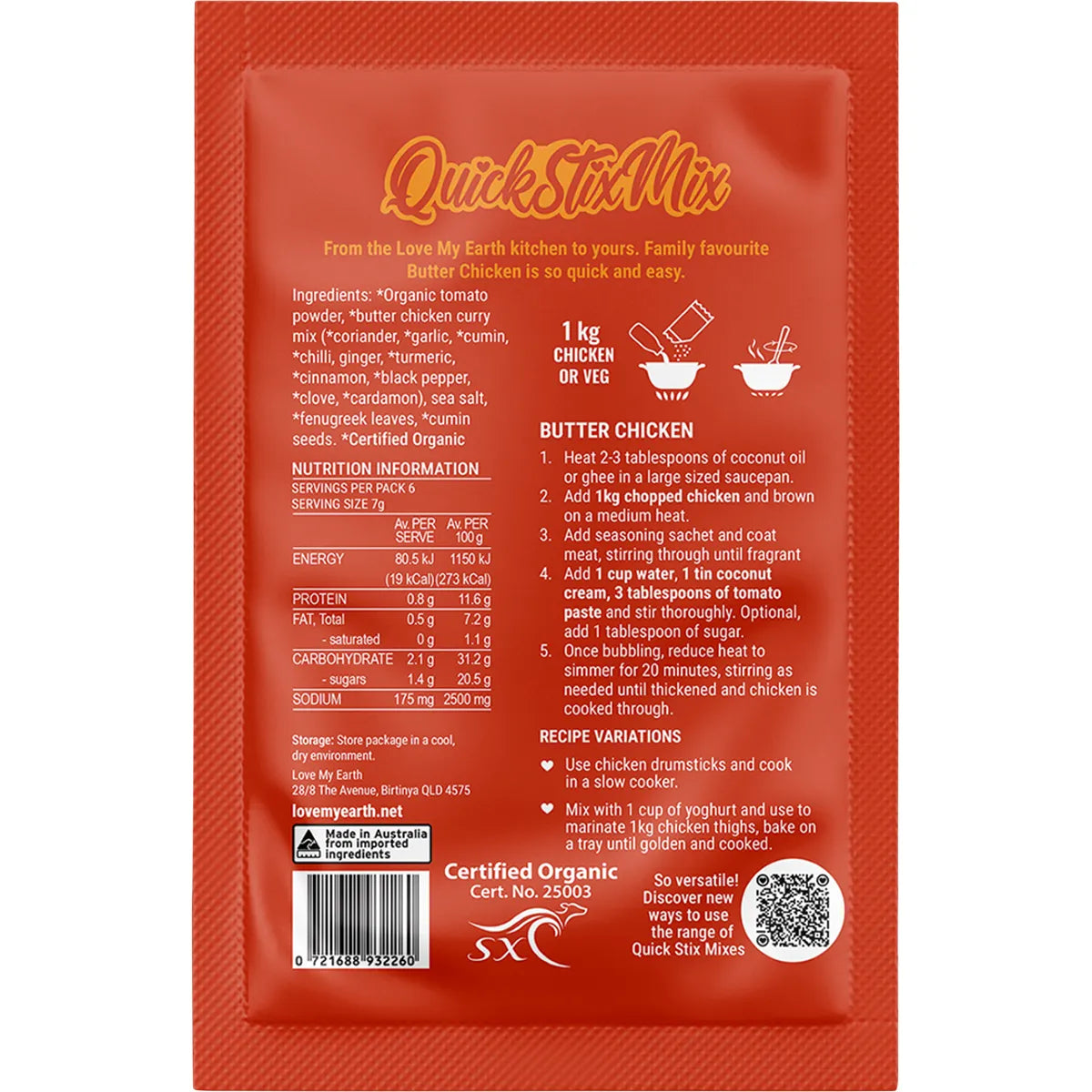 Love My Earth Quick Stix Mix Organic Recipe Base Butter Chicken 45g