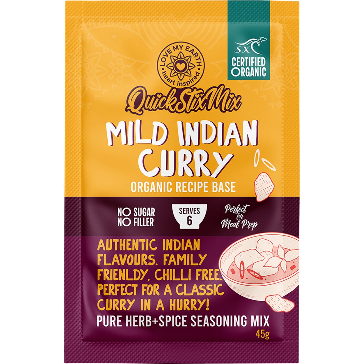 Love My Earth Quick Stix Mix Organic Recipe Base Mild Indian Curry 45g
