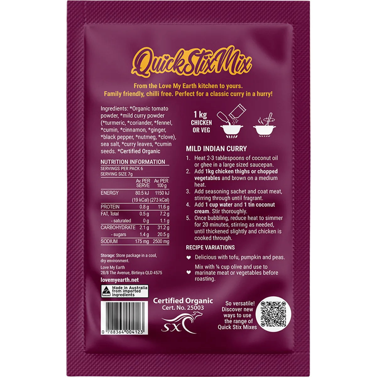 Love My Earth Quick Stix Mix Organic Recipe Base Mild Indian Curry 45g