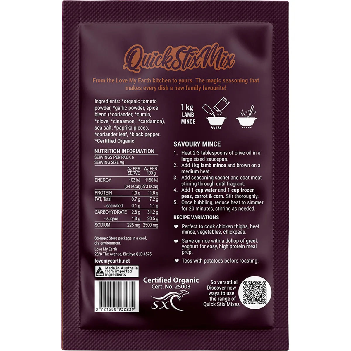 Love My Earth Quick Stix Mix Organic Recipe Base Savoury Mince 55g