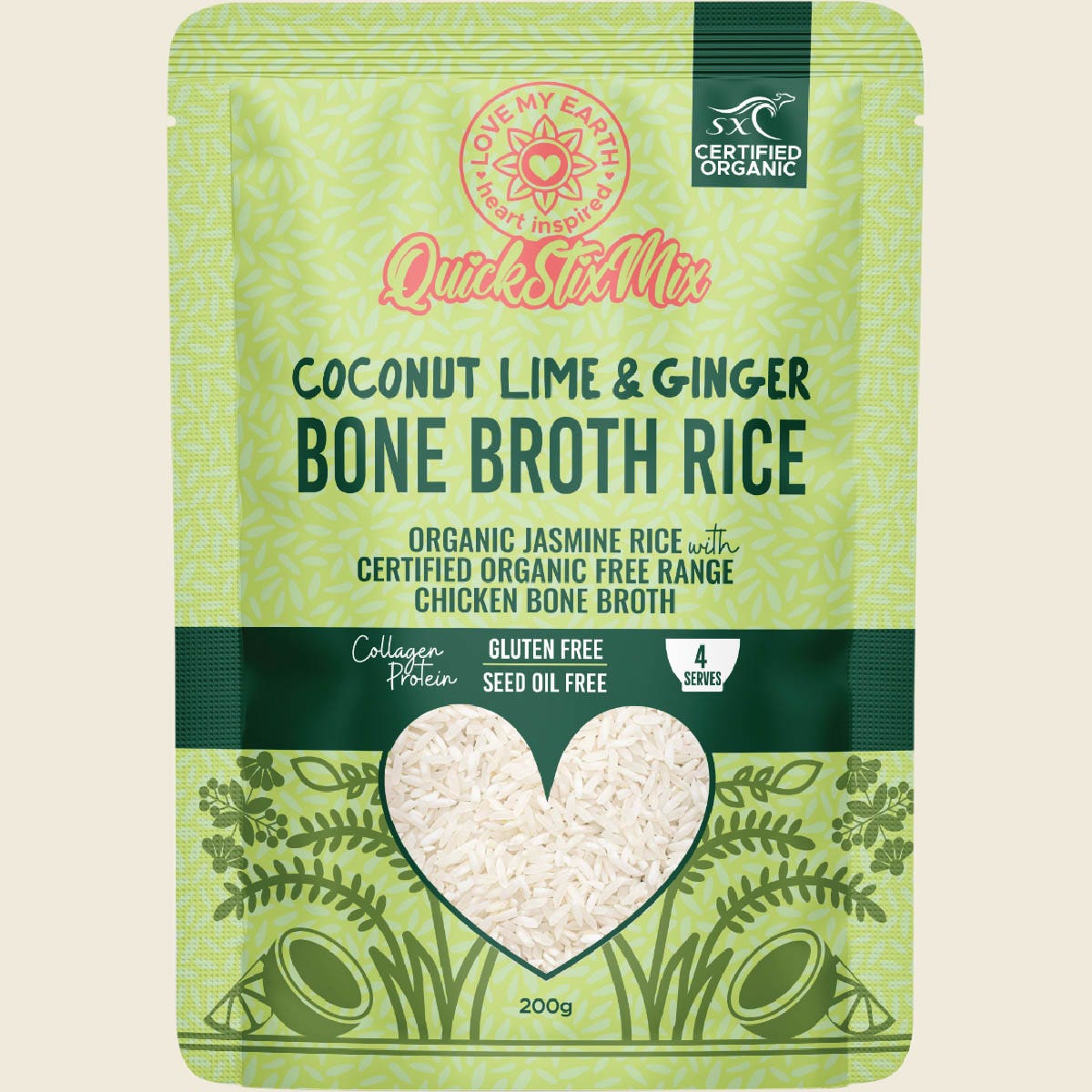 Love My Earth Quick Stix Mix Organic Bone Broth Rice Coco Lime Ginger 200g front