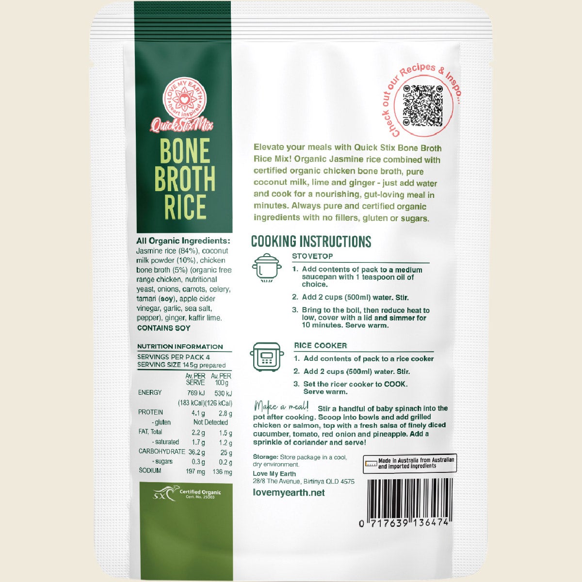 Love My Earth Quick Stix Mix Organic Bone Broth Rice Coco Lime Ginger 200g back